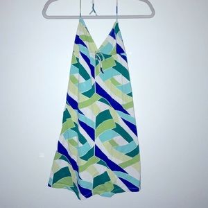 Dress has been sewed in the back to fit slightly smaller. Halter dress. S or XS